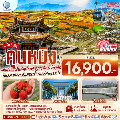 ทัวร์จีน บินตรงเชียงใหม่ คุนหมิง ตงชวน ภูเขาหิมะเจียวจื่อซาน 4 วัน 3 คืน กินลม..ชมวิว..ชิมสตอว์เบอร์รี่สดๆๆจากไร่ โดยสายการบิน Ruili Airlines (DR) ทัวร์จีน