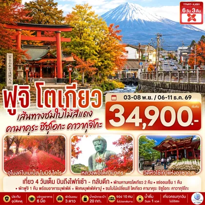 ทัวร์ญี่ปุ่น โตเกียว คามาคุระ ชิซุโอกะ คาวากุจิโกะ เส้นทางชมใบไม้สีแดง สู่ฟูจิ 6 วัน 3 คืน สายการบินไทยแอร์เอเชีย เอ็กซ์ (XJ) ทัวร์ญี่ปุ่น