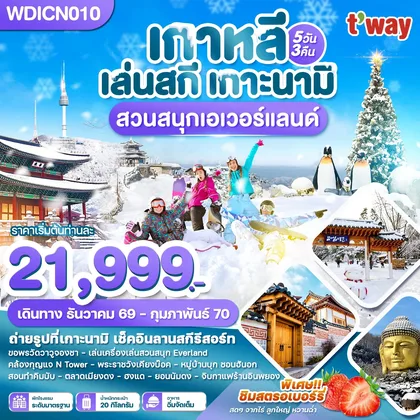 ทัวร์เกาหลี WDICN010 เกาหลี เล่นสกี เกาะนามิ เที่ยวปีใหม่!! สวนสนุกเอเวอร์แลนด์ 5วัน3คืน บิน TW ทัวร์เกาหลี
